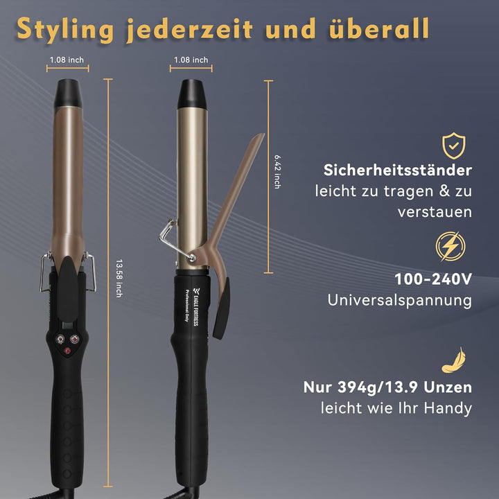 Professioneller Lockenstab mit LCD-Display, 30 Sek. Schnellaufheizung, 60°C–230°C, Keramik-Aluminium