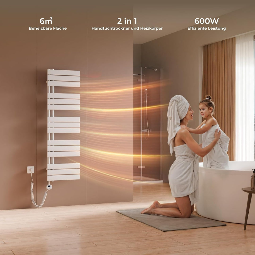 S'AFIELINA Badheizkörper Elektrisch 1320×400mm Weiss, 600W Handtuchheizkörper Elektrisch mit Thermos