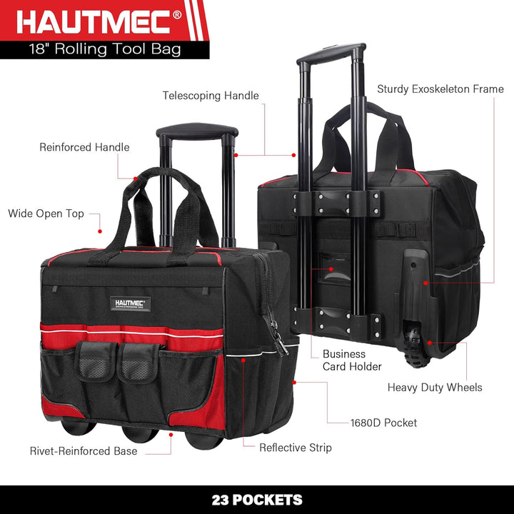 HAUTMEC Professionelle 18-Zoll (46cm) Rollwerkzeugtasche mit breiter Öffnung, Aufbewahrungstasche mi