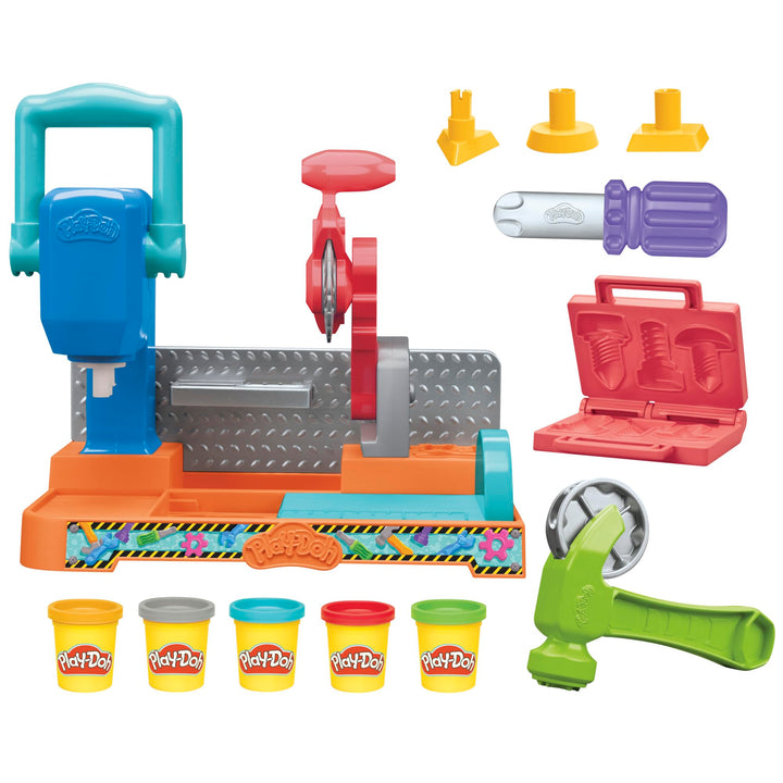 Play-Doh Werkbank Spielset, 5 x 56 g Dosen Modelliermasse in bunten Farben, mit Kreissäge-Spielzeug,