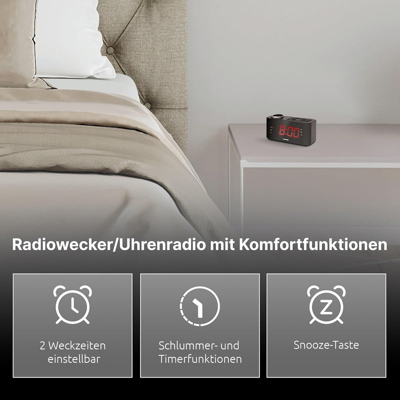 TechniSat DIGICLOCK 3 – UKW Projektionswecker für Schlafzimmer (180° Projektor, Zwei Weckzeiten, Sch