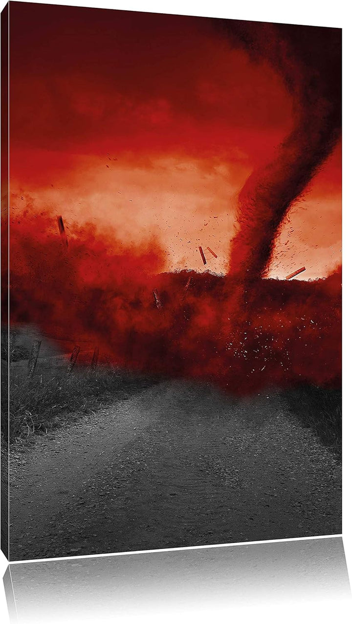 Pixxprint Roter stürmischer Tornado schwarz/weiss / 100x70cm Leinwandbild bespannt auf Holzrahmen/Wa