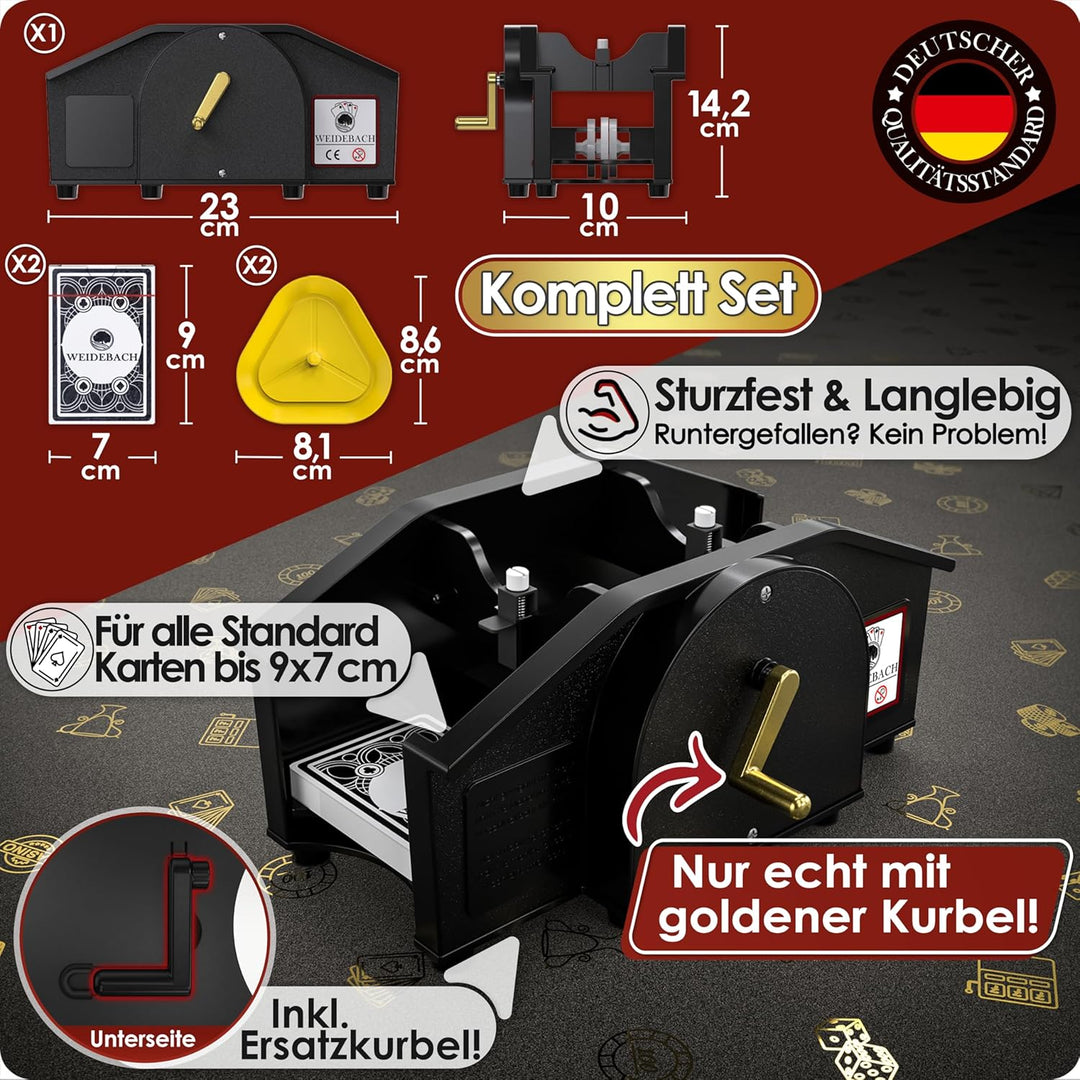 Schwarze Kartenmischmaschine mit Goldener Kurbel für alle Standard Kartenspiele, Kartenmischer mit 2