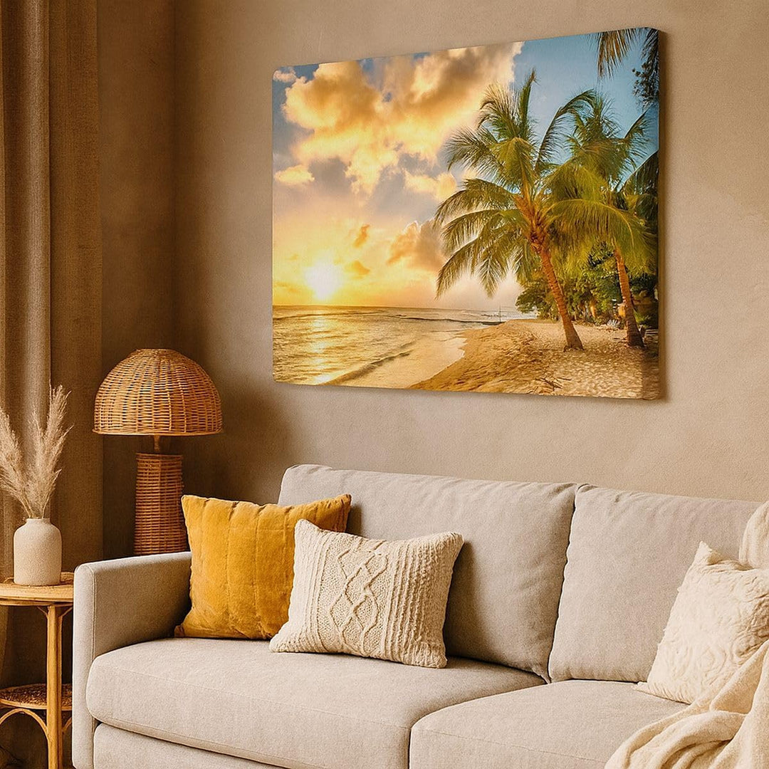 Bilder auf Leinwand 100x70cm Leinwandbild mit Rahmen Strand Meer Palme Gross Wanddeko Bild Schlafzim