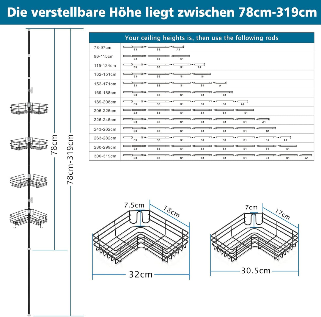 Duschablage ohne Bohren Teleskop Duschregal Metall Eckregal Badregal mit 4 Duschkörben, Höhenverstel
