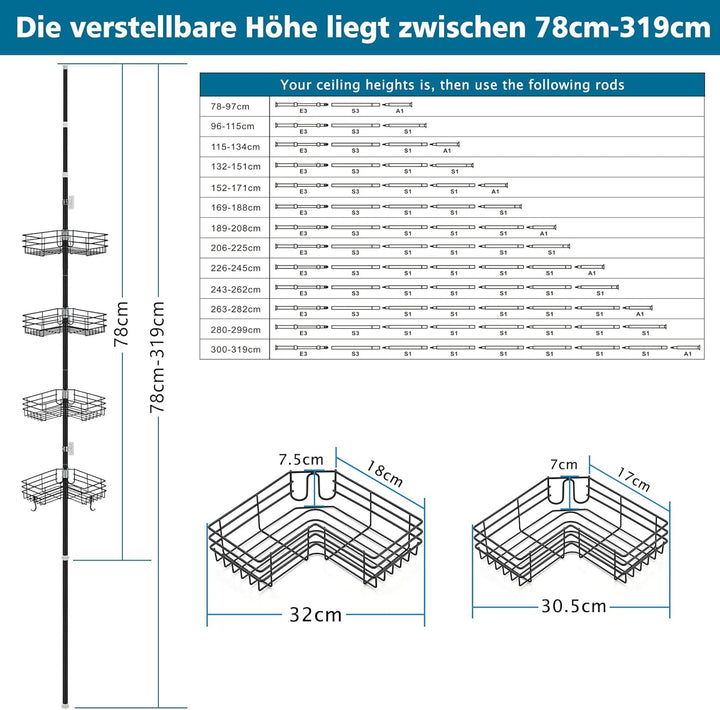 Duschablage ohne Bohren Teleskop Duschregal Metall Eckregal Badregal mit 4 Duschkörben, Höhenverstel