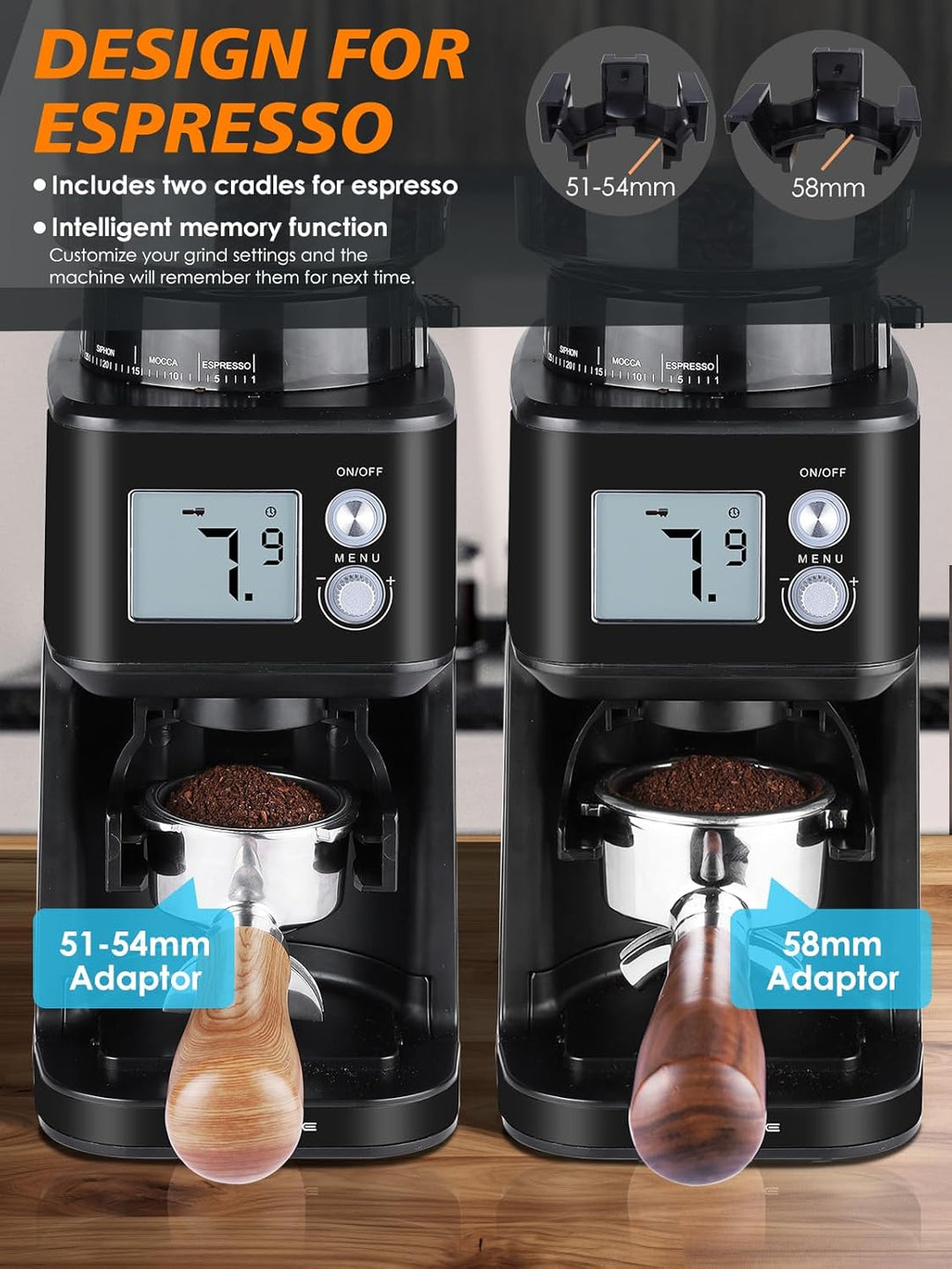 Homtone Elektrische Kaffeemühle für Siebträger, 51 einstellbare Mahlgrade, Kaffeemühle mit Grossem D