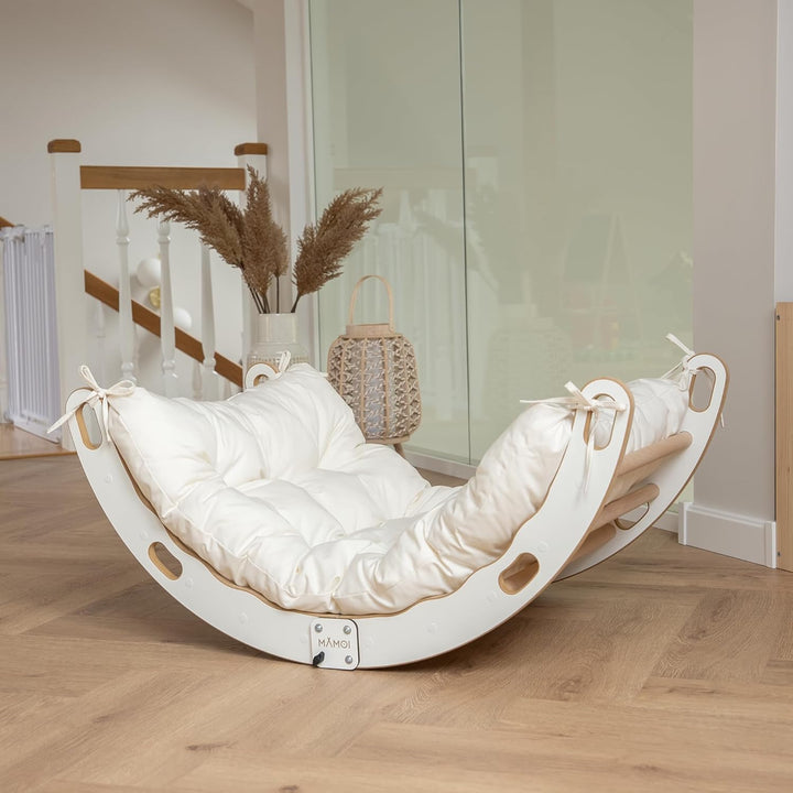 MAMOI® Kletter-Dreieck | Holz Klettergerüst Indoor | Kletterbogen mit Matte | Regenbogenwippe Holz |