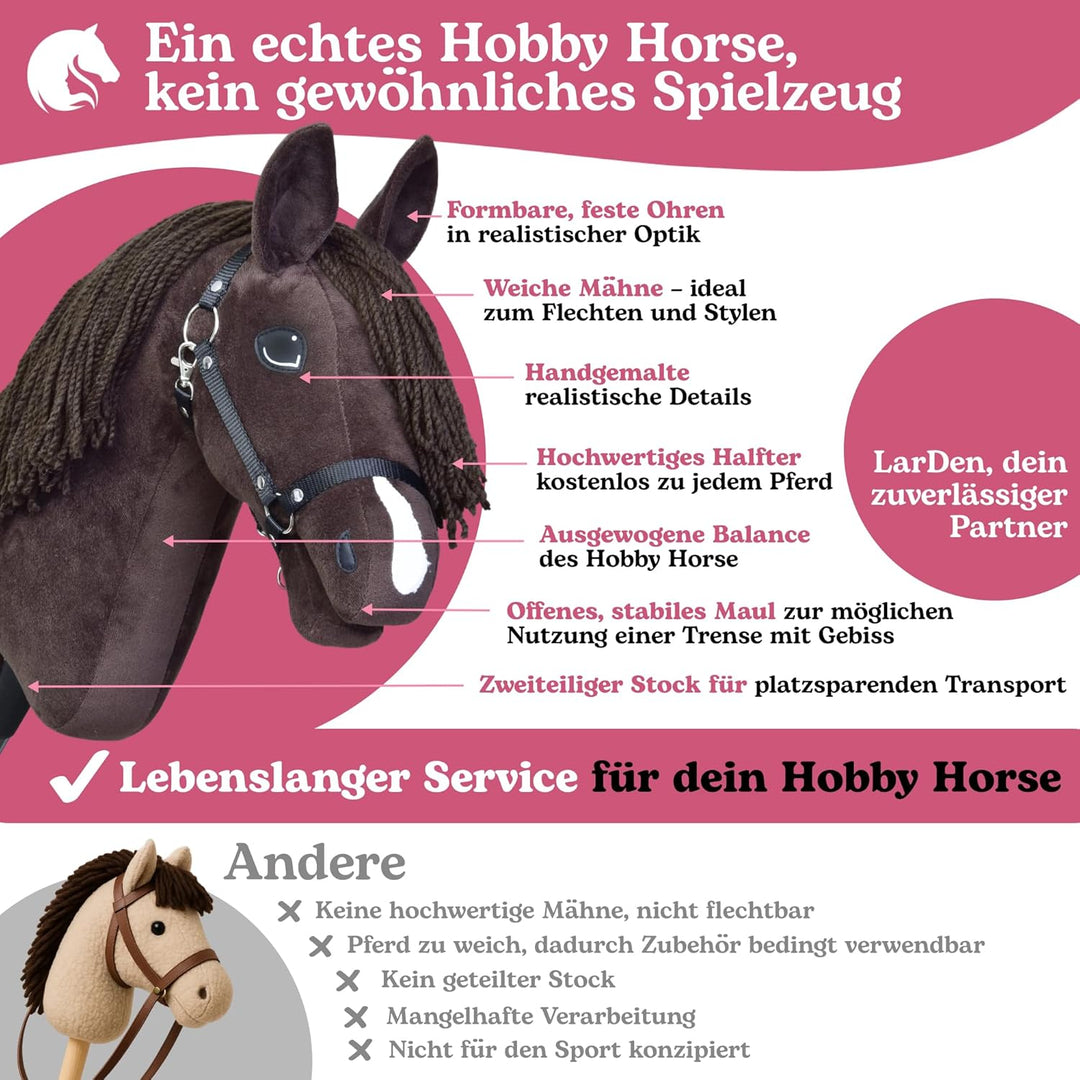 LarDen Hobby Horse Chianti mit schwarzem Halfter - Grösse M, HANDGEFERTIGTES Stockpferd Für Kleine,