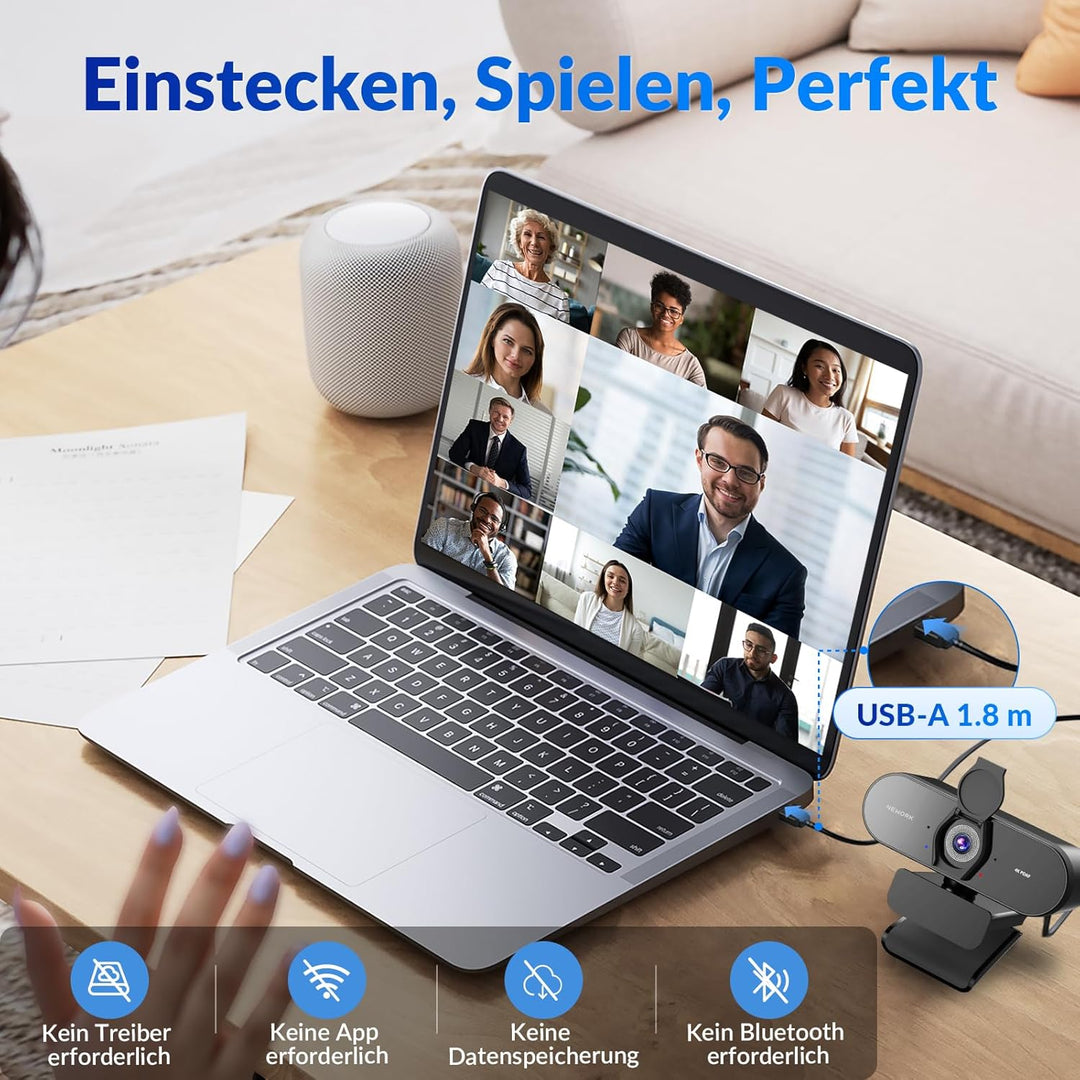 4K Webcam Mit PDAF & CDAF Dual-Autofokus, Ultra HD 4K, 2 Rauschunterdrückungs-Mikrofone, Automatisch