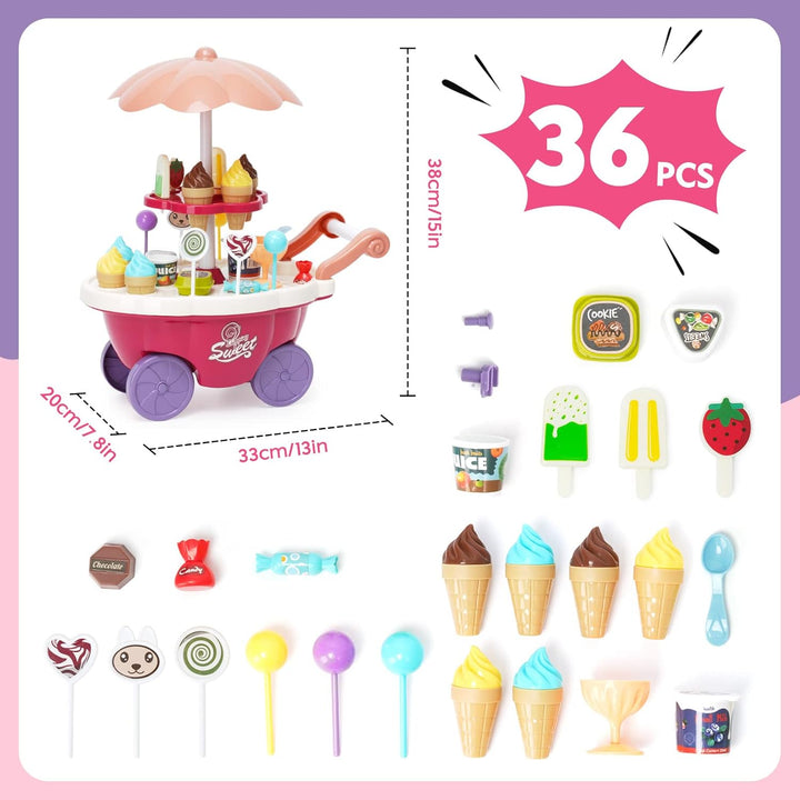 Eiscreme-Spielzeug 36 Stück Kinder Eiscreme Eisverkauf Spielset-Set Süssigkeitenwagen mit Süssigkeit