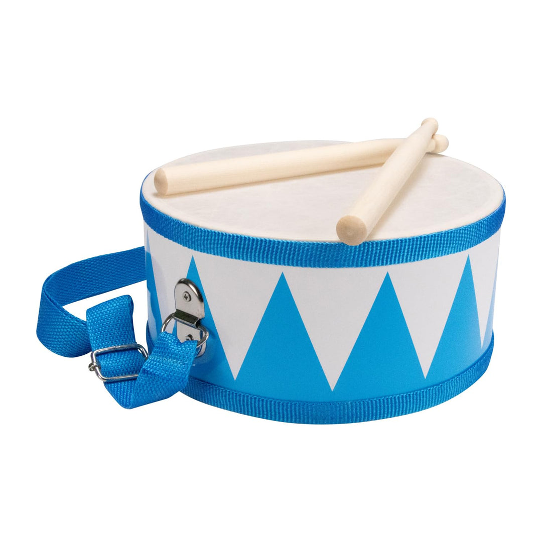 Trommel für Kinder blau-weiss Musikinstrument aus Holz mit Trageriemen und Sticks D: 20 cm- 3845