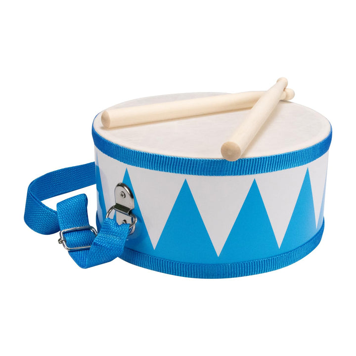 Trommel für Kinder blau-weiss Musikinstrument aus Holz mit Trageriemen und Sticks D: 20 cm- 3845