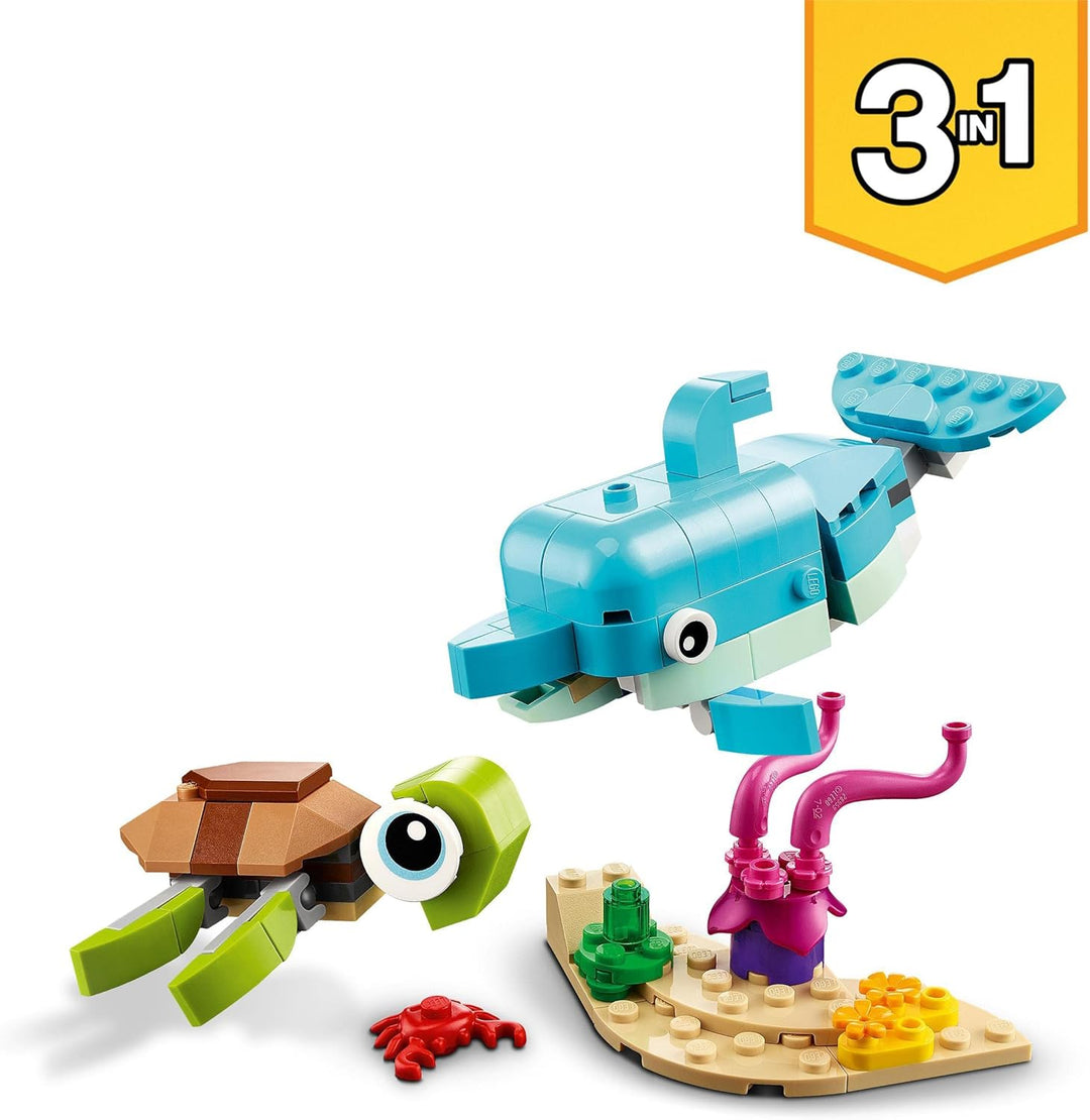 LEGO 31128 Creator 3-in-1 Delfin und Schildkröte, Seepferdchen, Fisch, Meerestieren-Figuren, Spielze