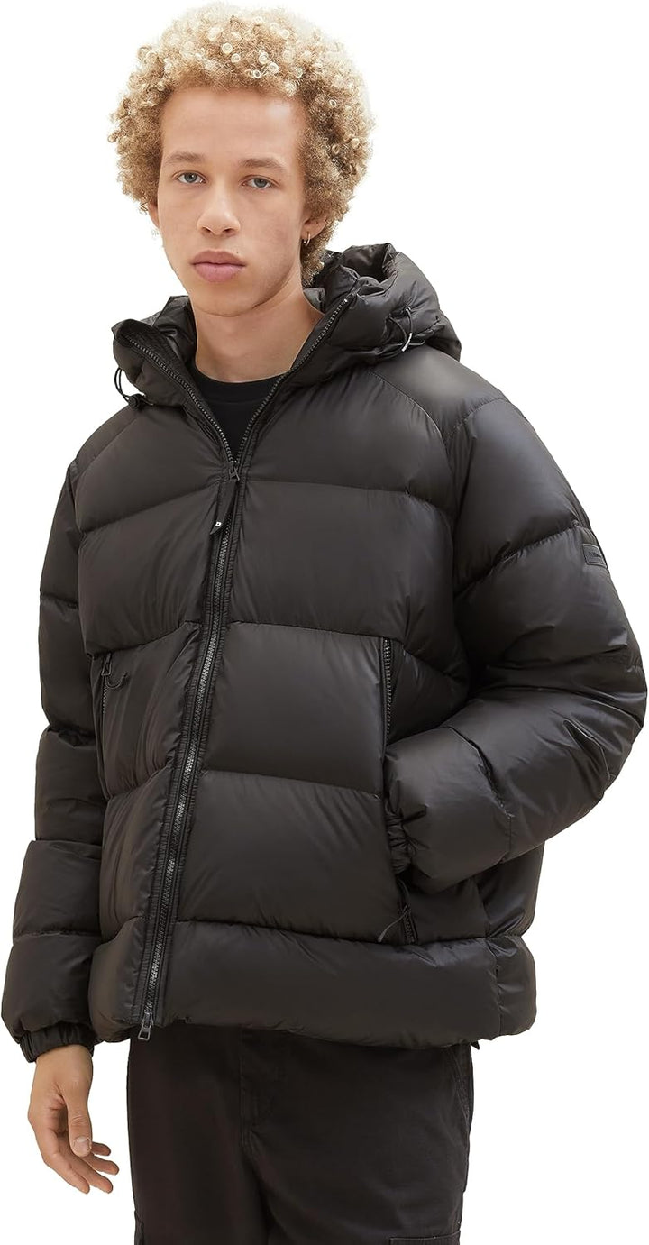 Tom Tailor Denim Herren Relaxed Fit Recycled Down Puffer-Jacke mit Kapuze 1037392 M 29999-black, M 2