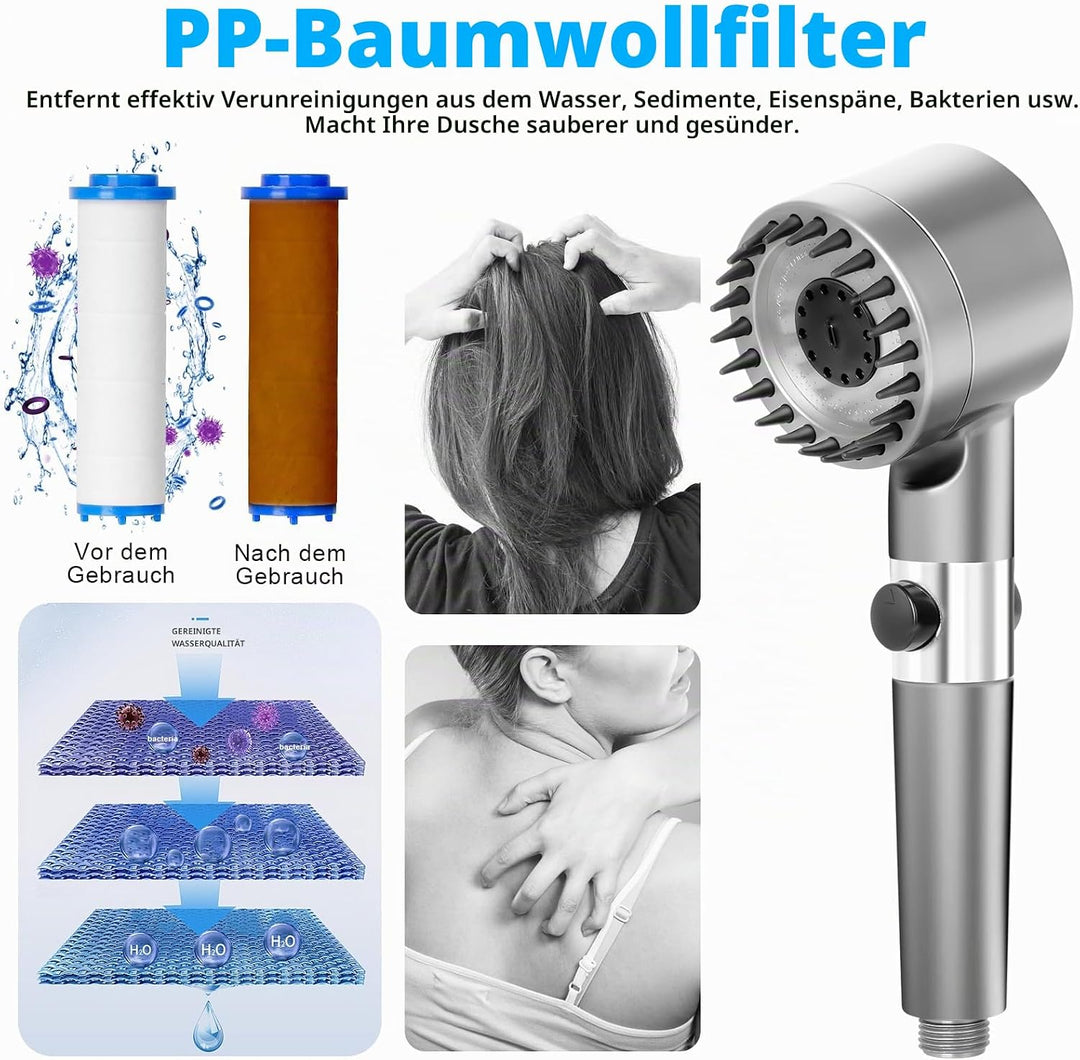 Duschkopf mit Filter, Hochdruck Handbrause mit 2 M Schlauch, Brausekopf Dusche, 4 Strahlarten, Dusch