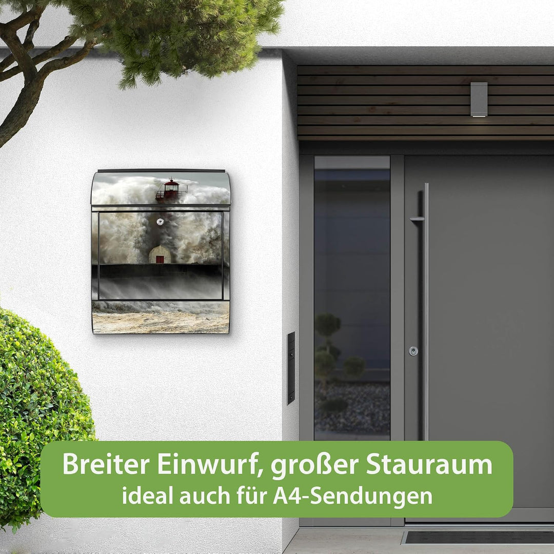 banjado Design Briefkasten 38,5x46,5x13cm &amp; 2 Schlüssel - Briefkasten Stahl Schwarz mit Zeitungsfach
