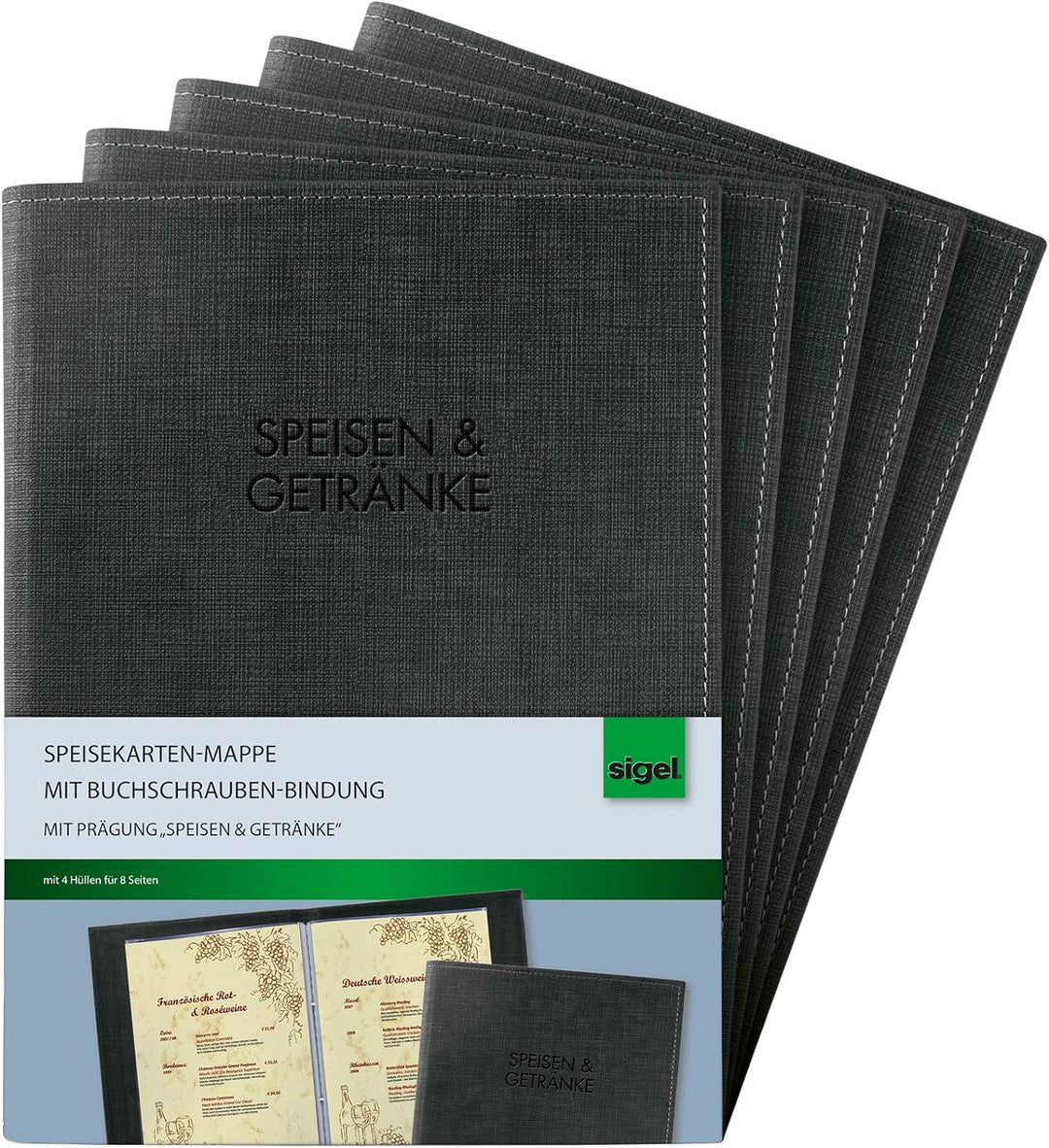SIGEL SM136/5 Speisekarten-Mappen mit Buchschrauben-Bindung für A5, 5-er Pack, schwarz mit edler Lei