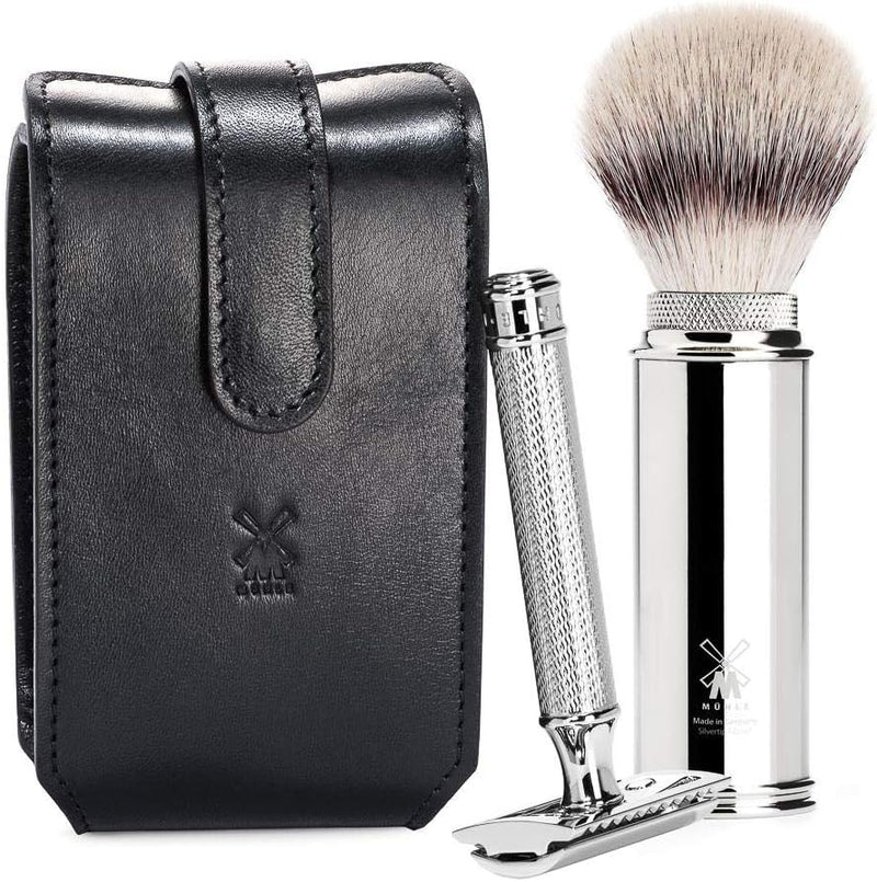 MÜHLE Travel Reiserasierset - Rasierpinsel mit Silvertip Fibre, Sicherheitsrasierer, schwarzes Leder