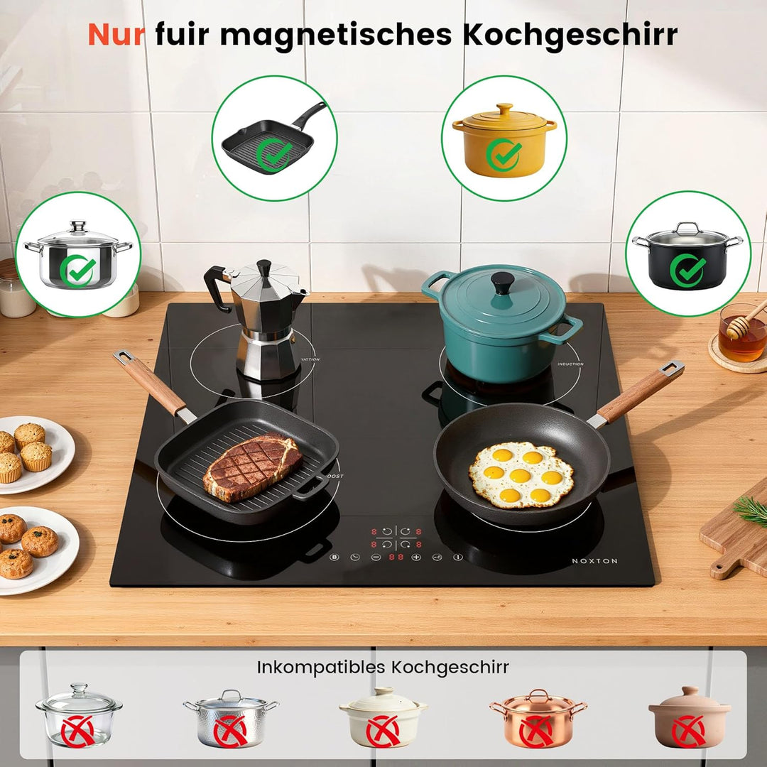 NOXTON Induktionskochfeld 60 cm mit Weisse Gläser und blaues Bedienfeld, Induktionsfeld Flexzonen 3