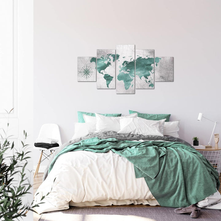 Runa Art Bild Büro Wohnzimmer Weltkarte 5 Teilig Vintage Grün Grau Wandbilder auf Vlies Leinwand 026