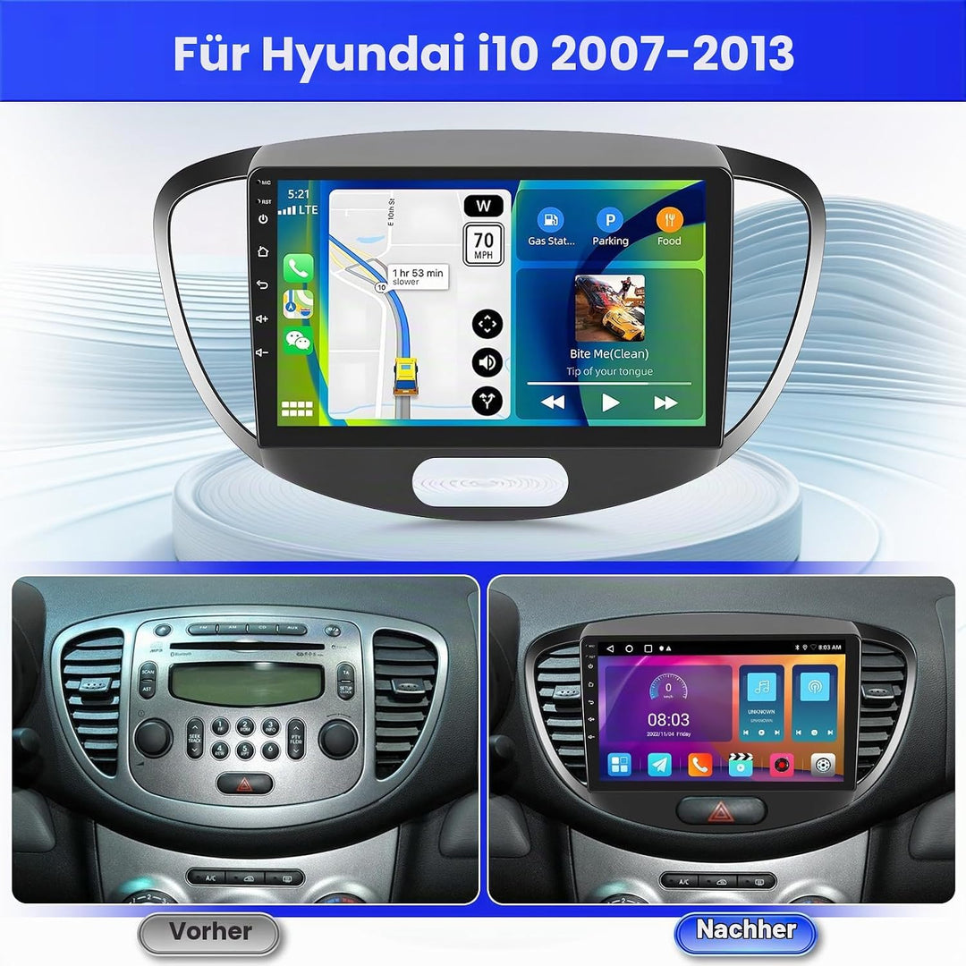 2+64G Android 15 Autoradio für Hyundai i10 2007-2013 Radio mit Wireless CarPlay Android Auto, 9 Zoll