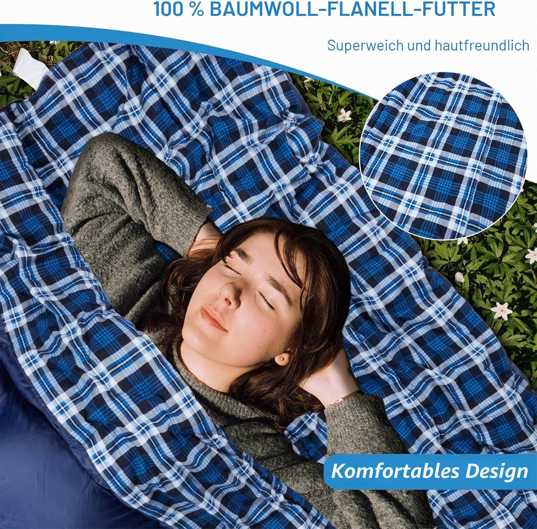 Baumwollflanell-Doppelschlafsack für Camping, Wandern oder Wandern. Queen Size 2 Person wasserdichte