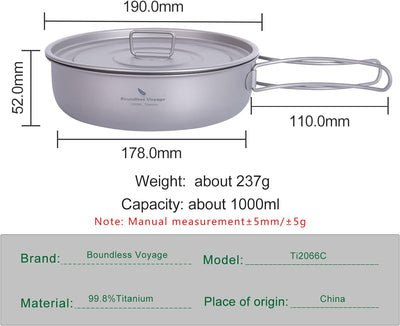 iBasingo 1000ml Titan Bratpfanne Camping Pan Antihaftpfanne mit Deckel & Klappgriffen 19cm Outdoor L