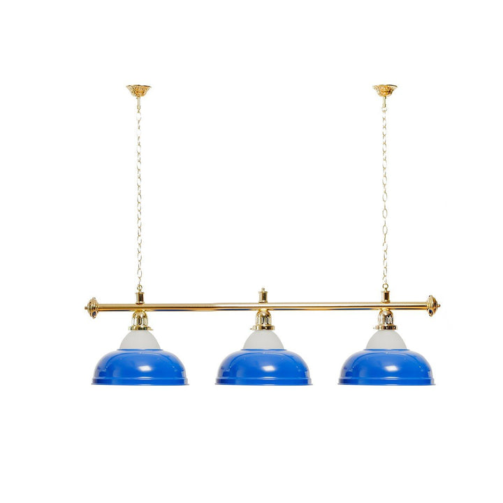 Billiard-Royal Billardlampe mit 3 Schirmen blau mit Glas goldfarbene Halterung als Hängelampe für Bi