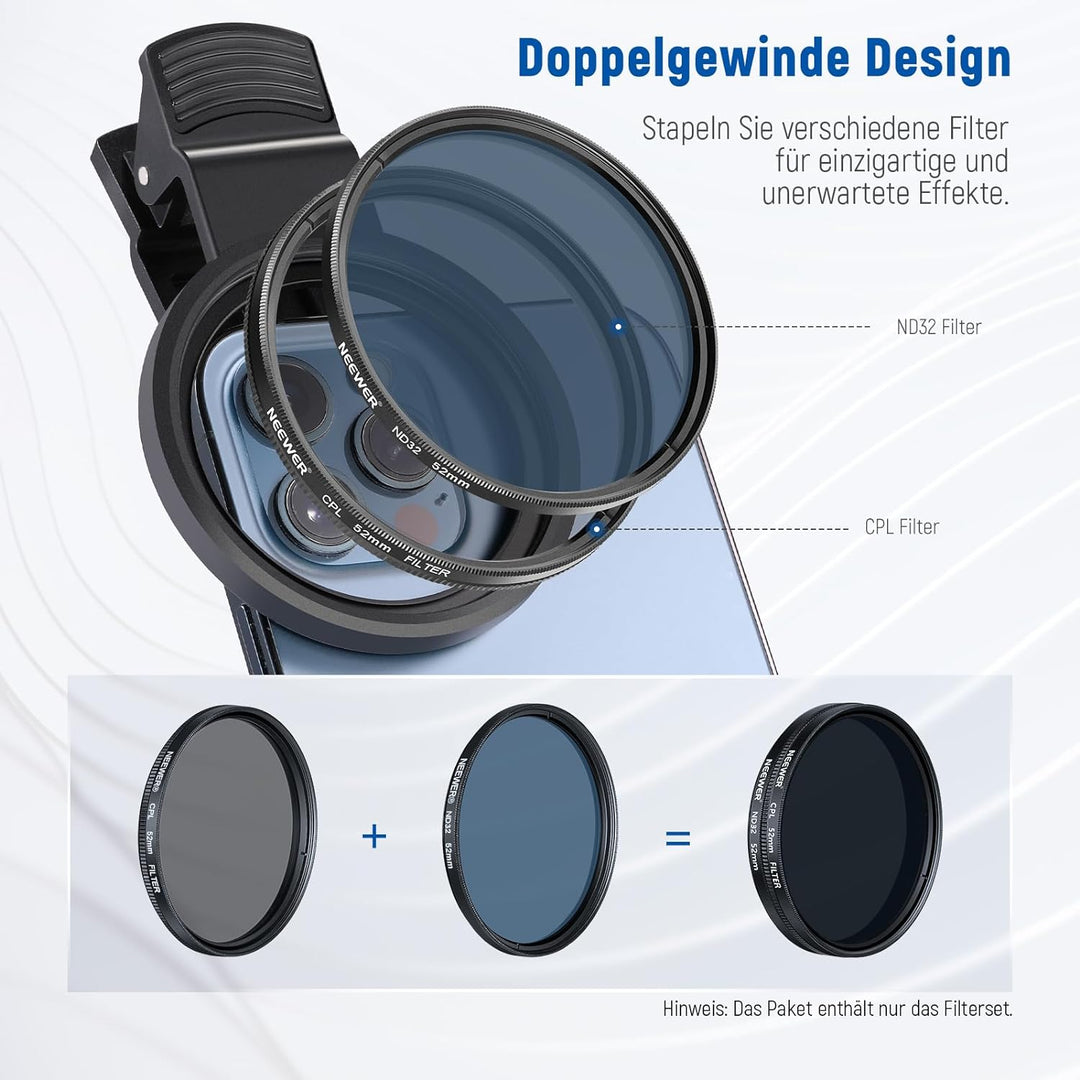 NEEWER 52mm ND+CPL+Effekt Filter Set mit Handy Phone Objektiv Klammer, Polfilter ND32, 6 Punkt Stern