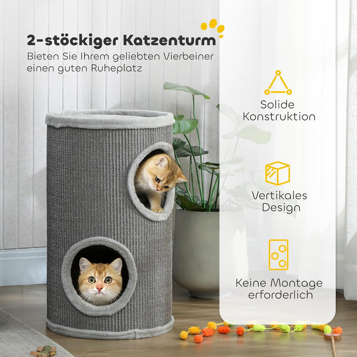 PawHut Kratztonne, 60 cm Hoch Ø 35 cm zweistöckige Katzentonne mit 2 Höhle, Kratzbaum mit Plüschrand