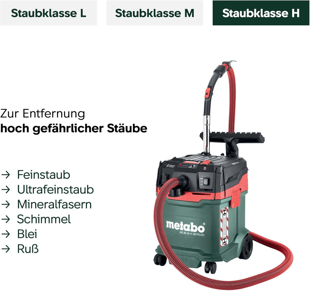 metabo AS 36-18 H 30 PC-CC Akku-Sauger, 18V Nass- und Trockensauger | Zertifizierter Industriestaubs