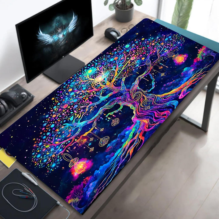 Simpkeely Bunter Baum des Lebens Mauspad, Schwarzlicht Gaming Extended Desk Pad, UV-reaktive wasserd