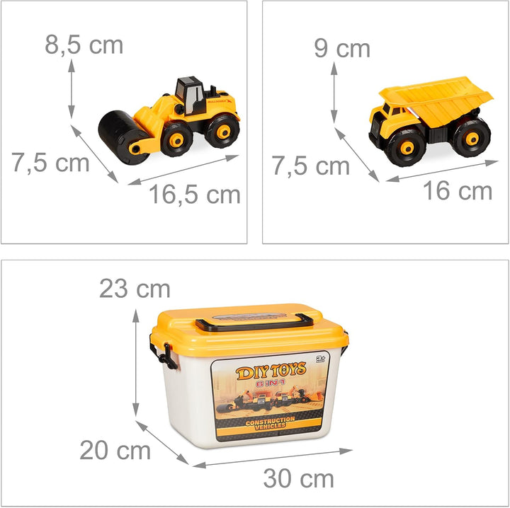 Relaxdays Baustellenfahrzeuge Kinder, 6-TLG. Set, Bagger Spielzeug, DIY, Schraubendreher, Box, ab 3