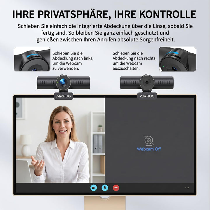 AIRHUG 2K 60fps Webcam,Streaming Kamera mit Sony 8MP Sensor,zwei omnidirektionalen Mikrofon,PDAF Aut