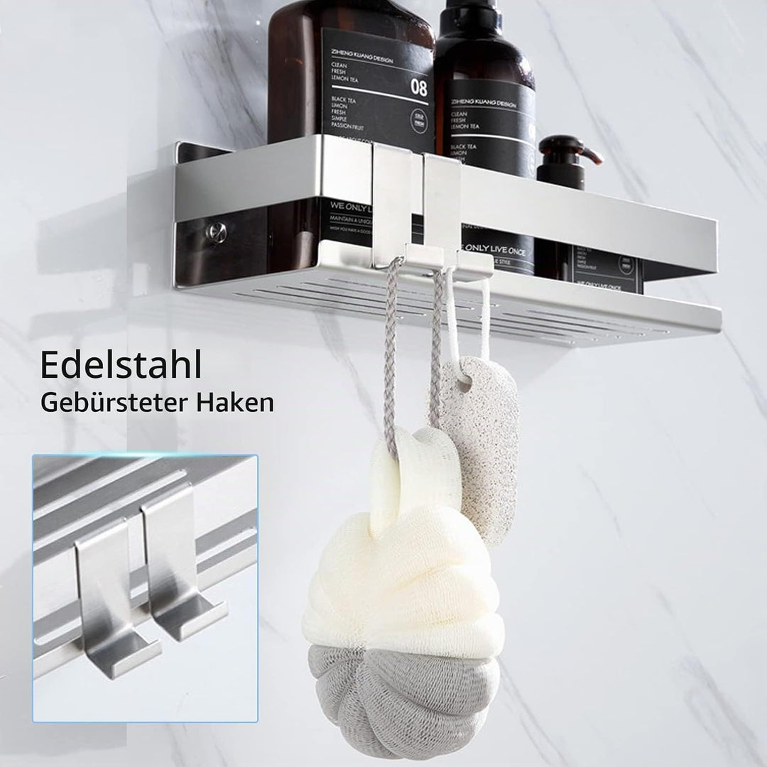 Duschablage Ohne Bohren, Duschregal Wandmontage Selbstklebend Edelstahl, Duschkorb mit 2 Haken, Geei