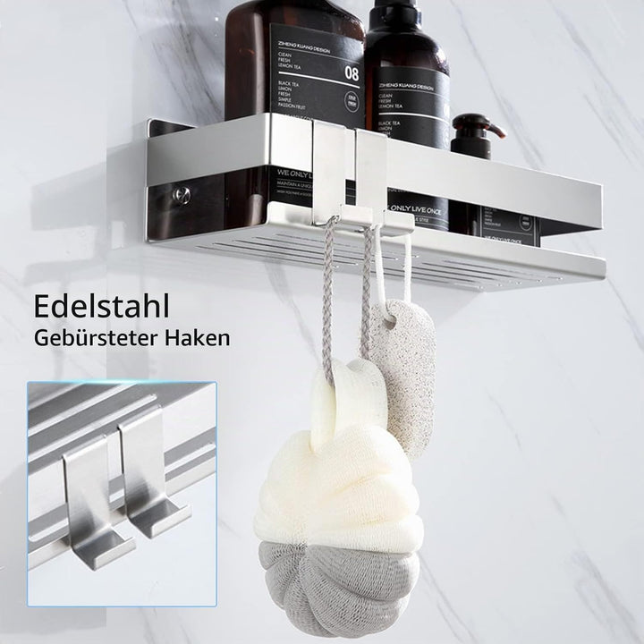 Duschablage Ohne Bohren, Duschregal Wandmontage Selbstklebend Edelstahl, Duschkorb mit 2 Haken, Geei