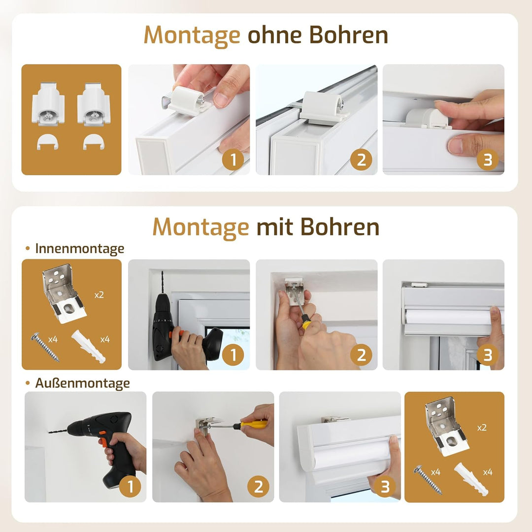 Grandekor Elektrische Rollos Innen, Verdunklungsrollo ohne Bohren mit Fernbedienung &amp; Leiser Motor W