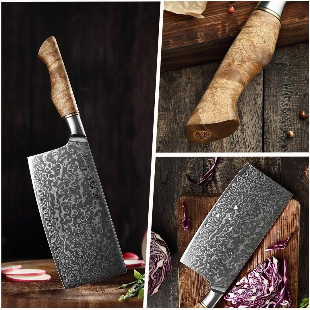 HEZHEN Küche Gemüse Fleischbeil Chinesischer Koch Kochmesser 17.3cm-Metzgermesser 67-Lagig Damaskus