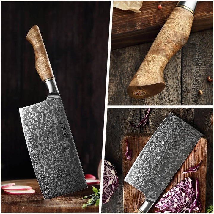 HEZHEN Küche Gemüse Fleischbeil Chinesischer Koch Kochmesser 17.3cm-Metzgermesser 67-Lagig Damaskus