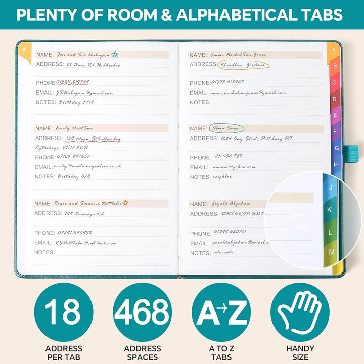 Adressbuch mit farbenfrohen alphabetischen Registerkarten (21,3 x 14,8 cm) - Hardcover-Telefon- und