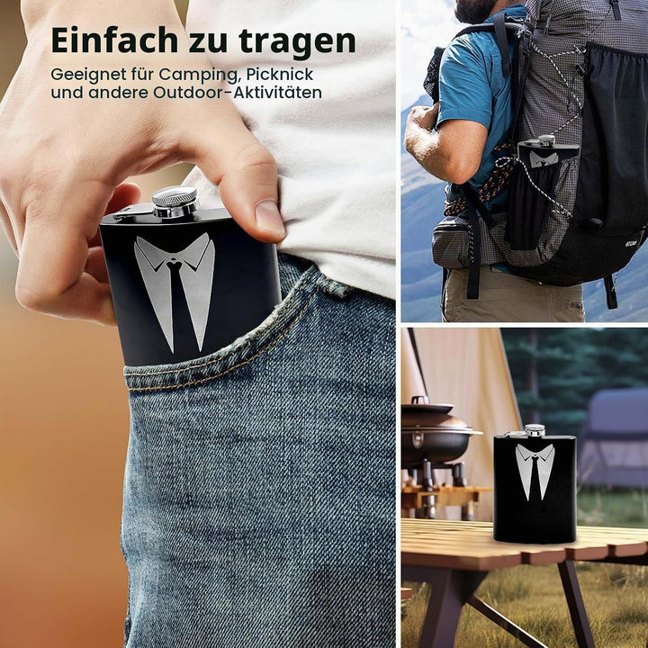 Daily Treasures 4er-Set Whiskyflaschen mit Anzuggravur | 236ml Edelstahl-Geschenkboxen | Auslaufsich