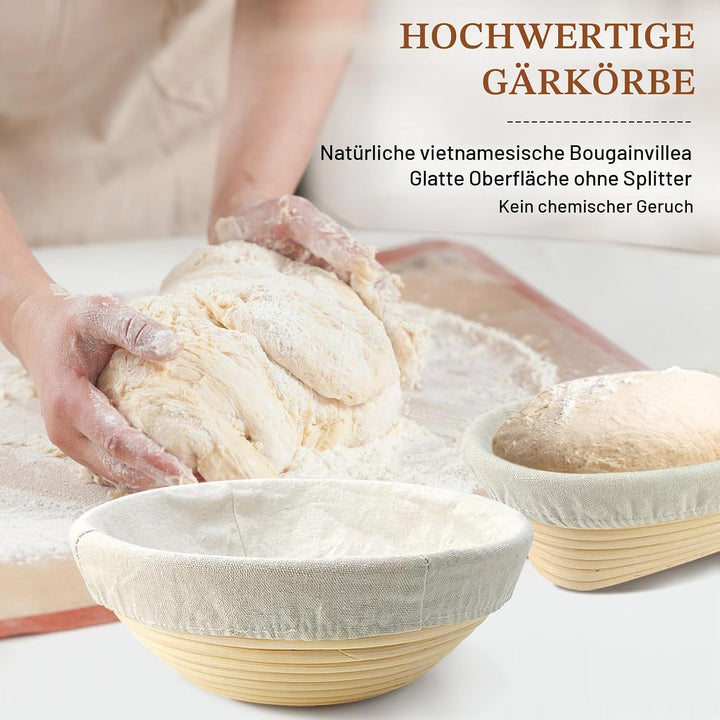 Banneton Brotgärkörbchen-Set für Sauerteigbrotbacken: 23cm runde &amp; 25cm ovale Rattan-Gärkörbchen mit