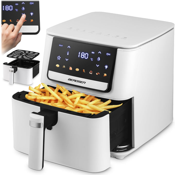 Berdsen Airfryer Heissluftfritteuse - 1700 W 6,5 l - Fritteuse - 8 Programme Touchscreen - Weiss, We