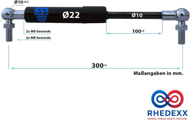 Gasdruckfeder Winkelgelenk 300mm/100mm/500N RhedexX® Gasdruckdämpfer mit M8 Kugelgelenk Kugelkopf (5