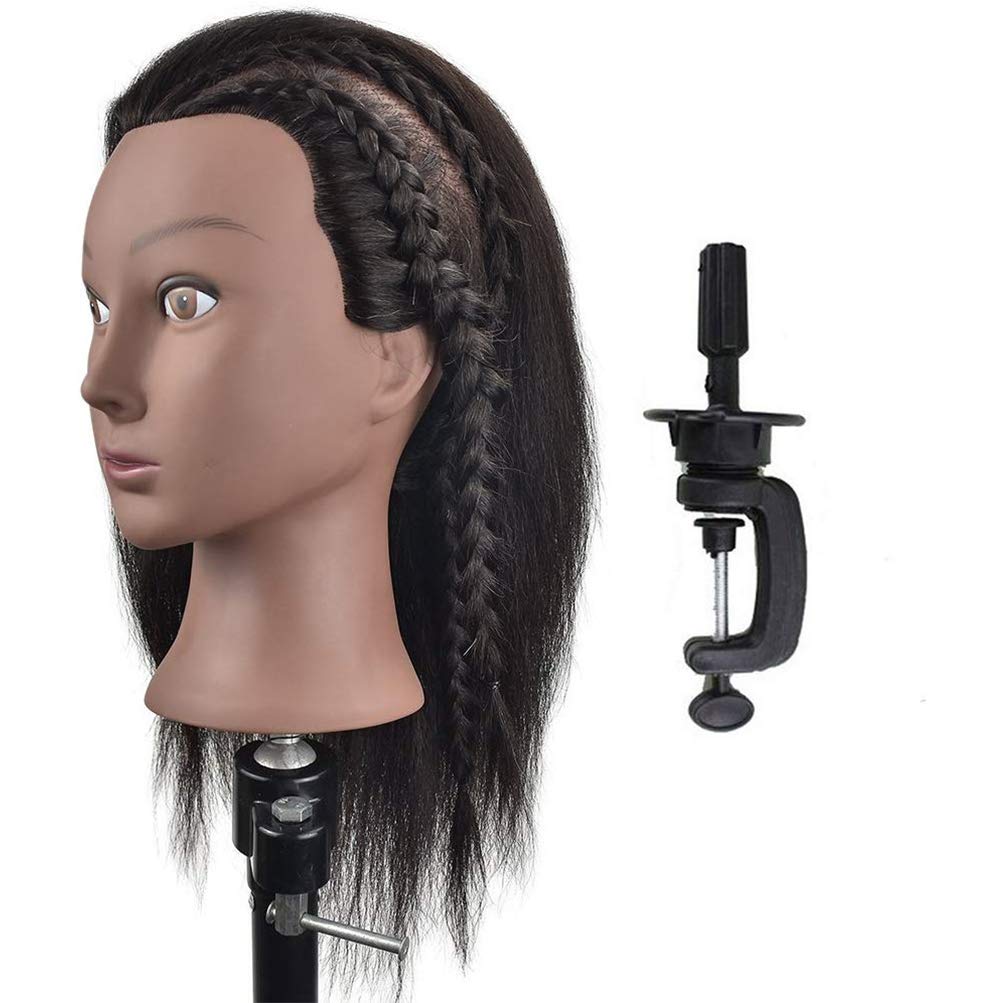 Afro-Mannequin-Kopf aus 100% Echthaar, Friseur-Trainingskopf für Kosmetologie, Puppenkopf (Tischklem
