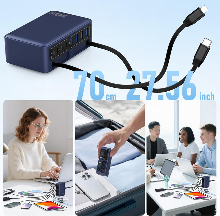 345W USB C Ladegerät Mehrfach mit Einziehbarem Ladekabel, 10-in-1 GaN VI Ladestation, PD/PPS/QC Schn