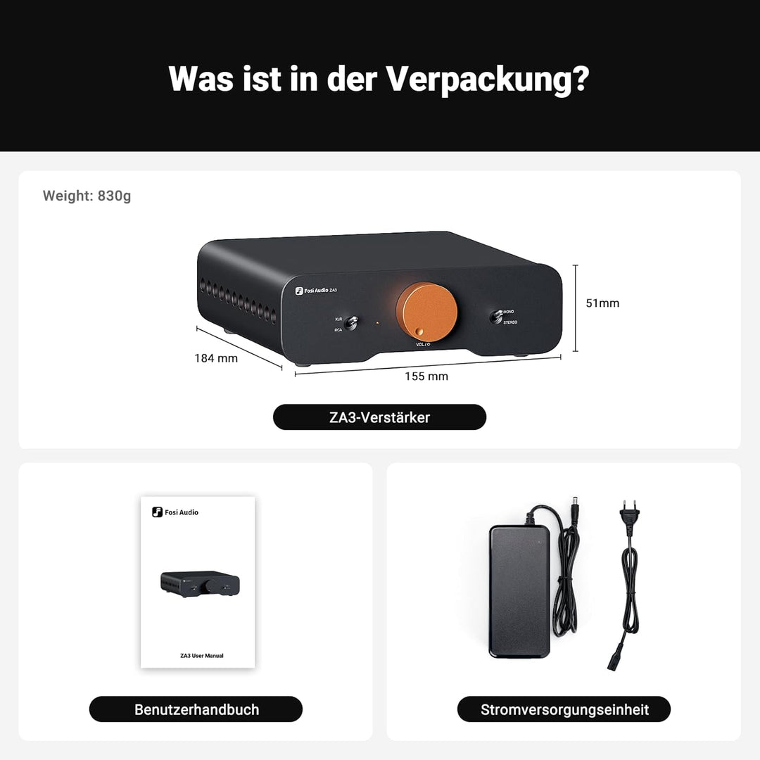 Fosi Audio ZA3 Stereo/Mono HiFi Verstärker mit TPA3255 Chips, Ausgewogenen XLR-RCA-Eingängen und 12V