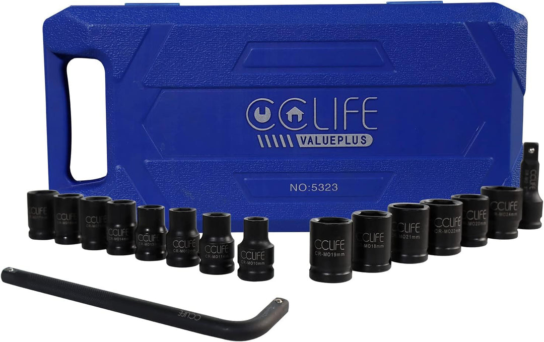 CCLIFE 16tlg 1/2' Schlagschrauber Nüsse Set, 10-24mm Cr-Mo Sechskant Kraft Nuss Steckschlüssel Schla