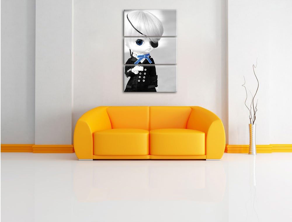 Pixxprint hübsche verwegene Pullip-Puppe mit Augenklappe schwarz/weiss 3-Teiler Leinwandbild 120x80